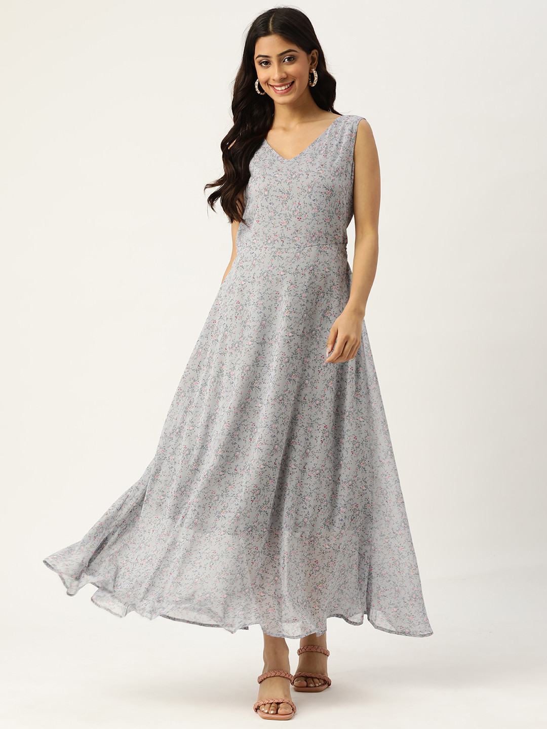DressBerry Grey & Pink Printed V-Neck Fit & Flare Dress