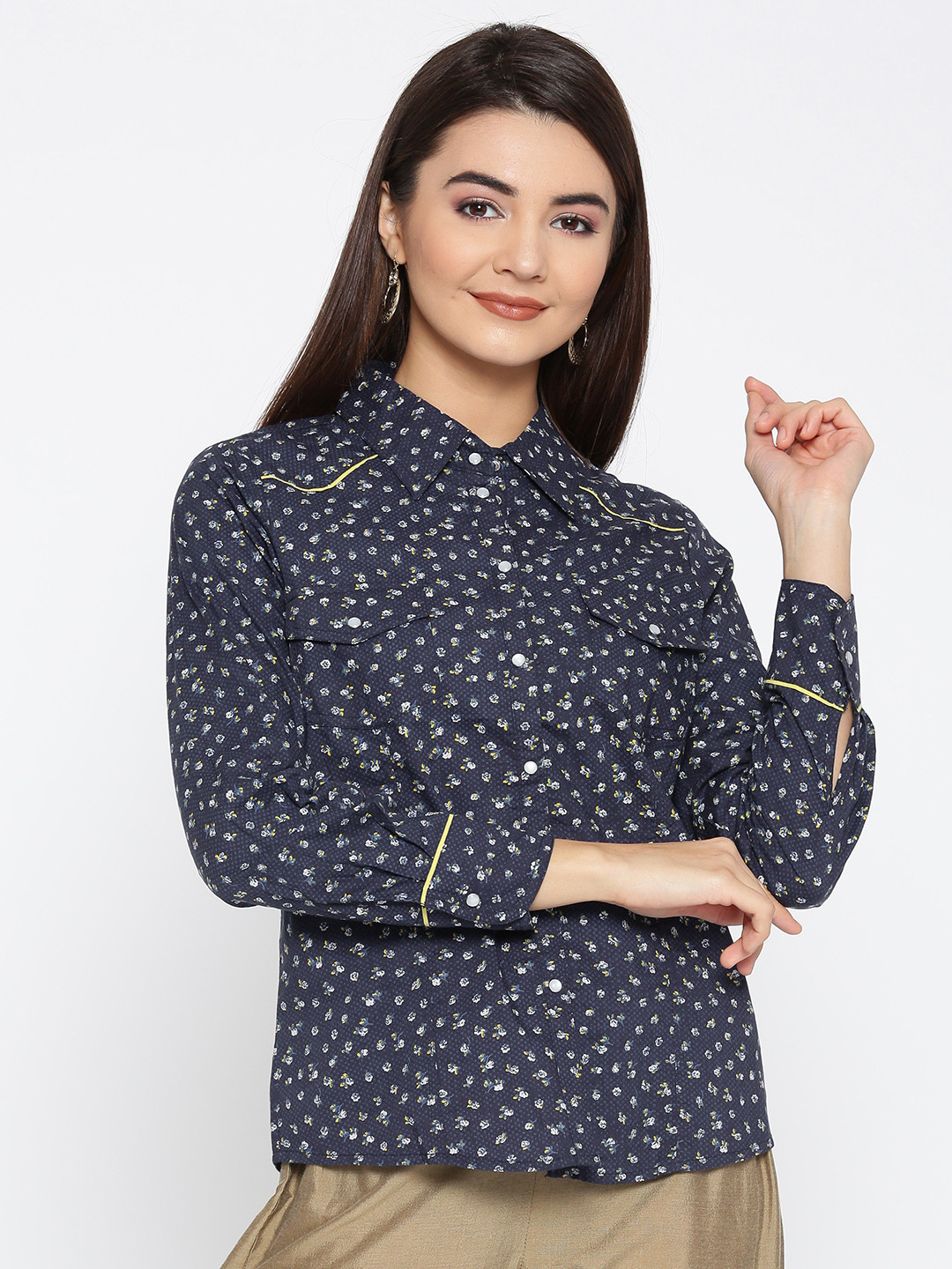 AURELIA Women Navy Blue Regular Fit Printed Casual Shirt