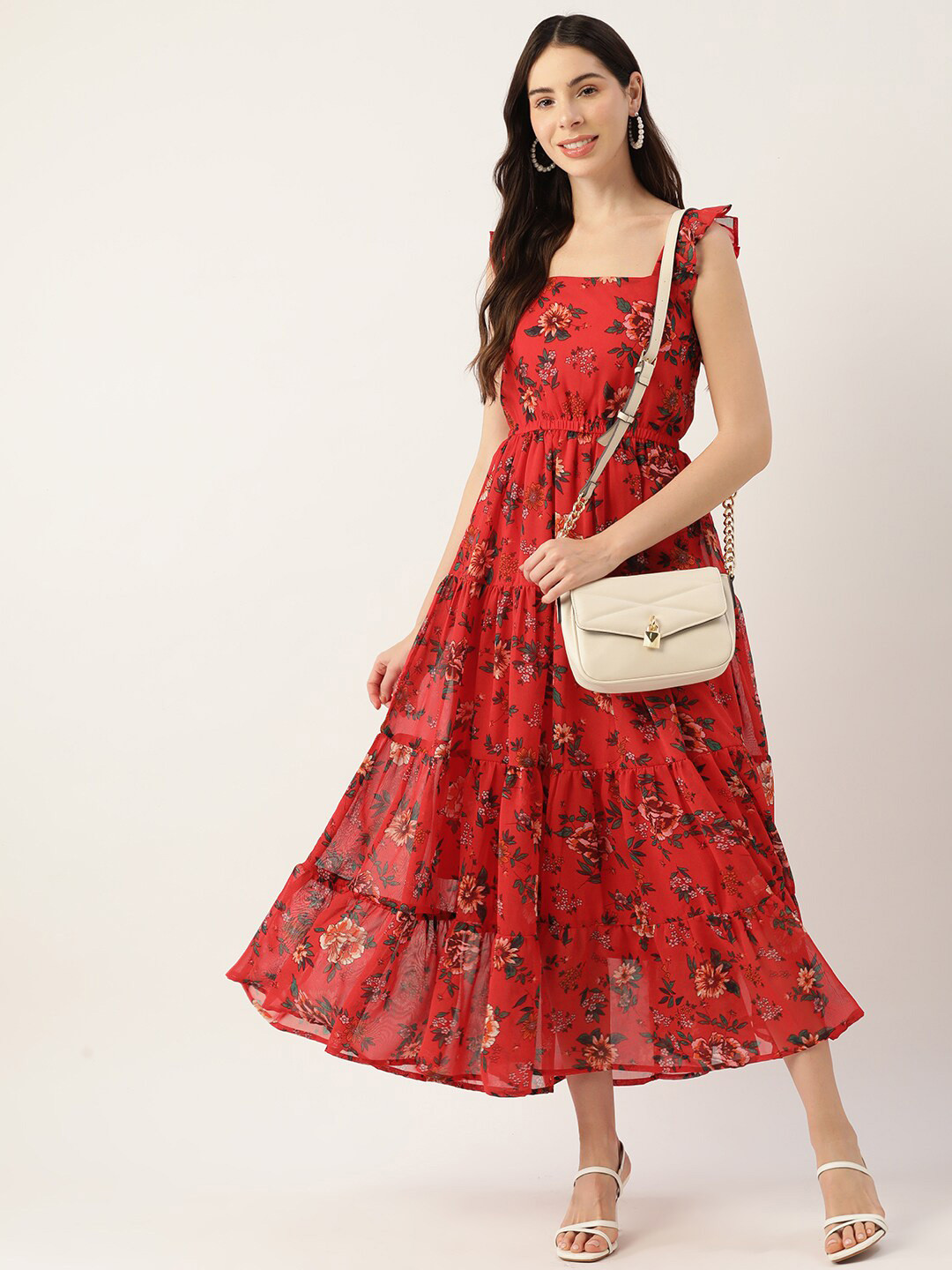 DressBerry Red Floral Printed Tiered Detailed Square Neck Fit & Flare Dress