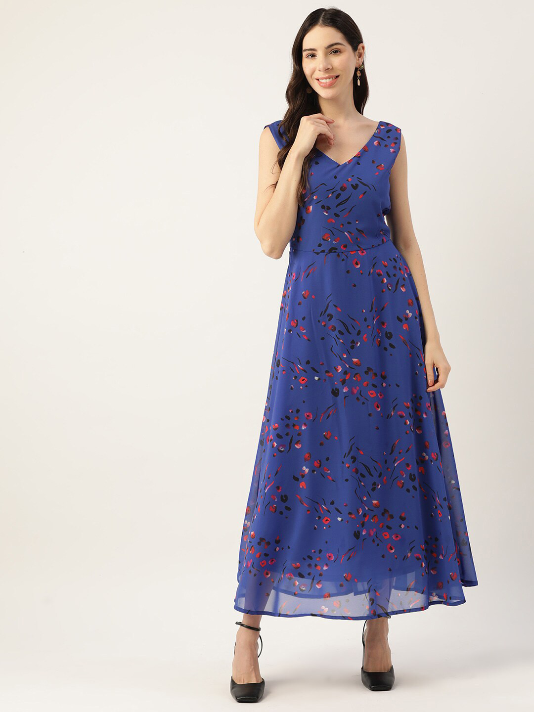 DressBerry Navy Blue Floral Printed V- Neck Maxi Dress