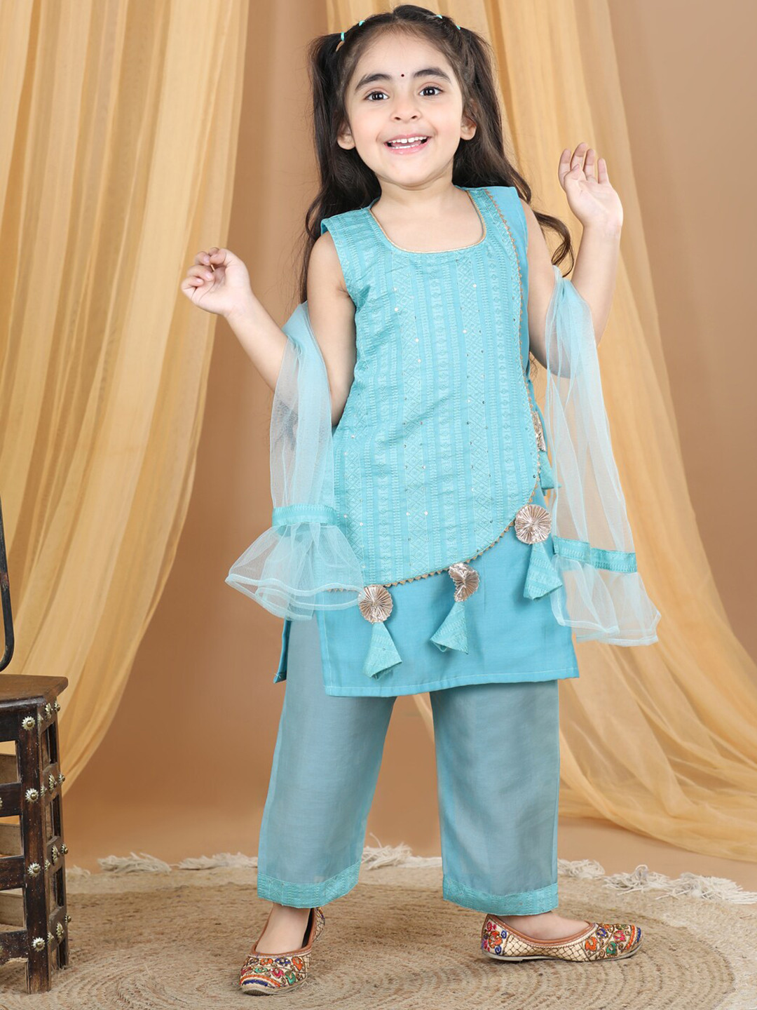 Here&Now X Kinder Kids Girls Embroidered Regular Pure Cotton Kurti with Palazzos