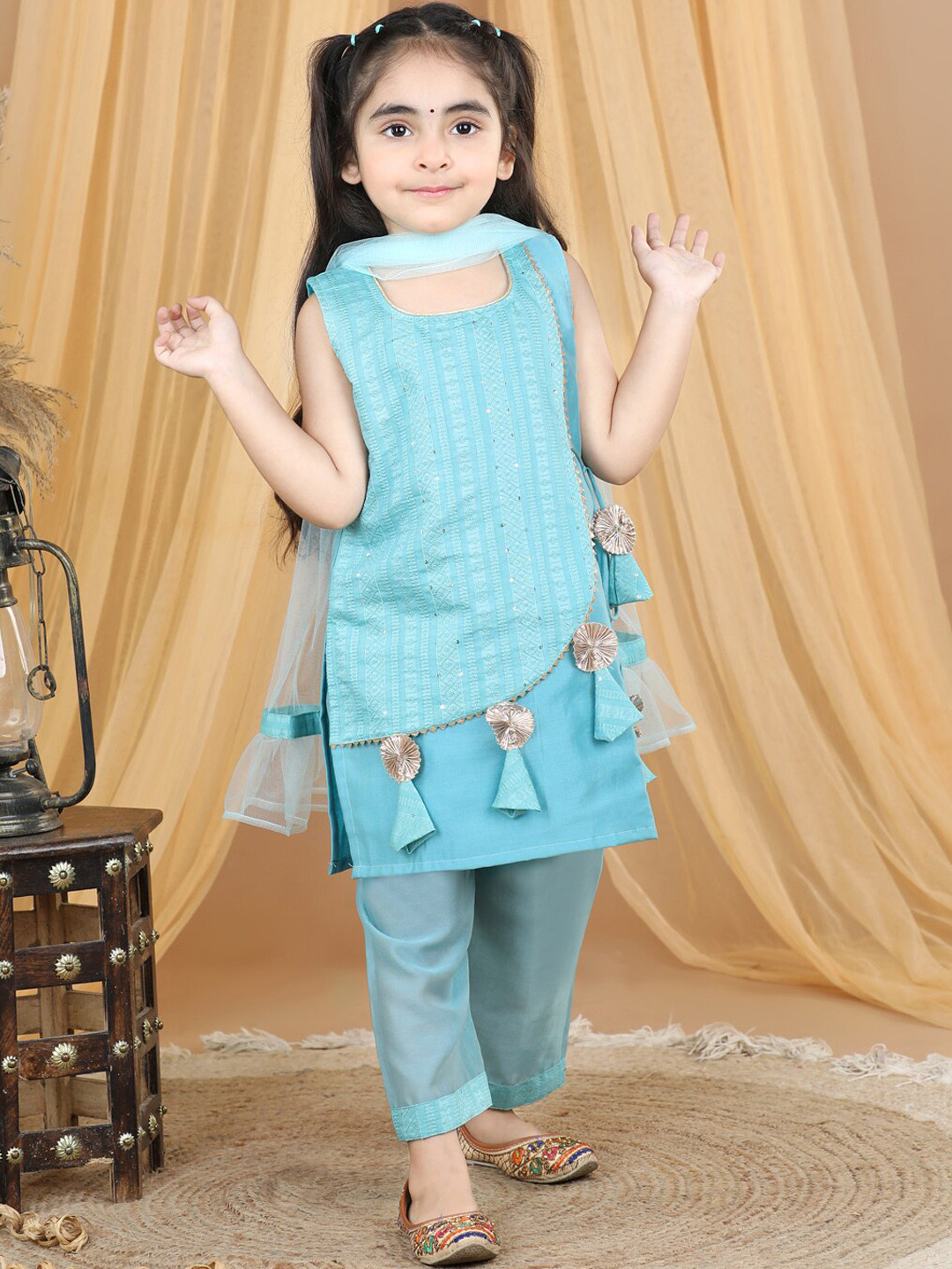 Here&Now X Kinder Kids Girls Embroidered Regular Pure Cotton Kurti with Palazzos