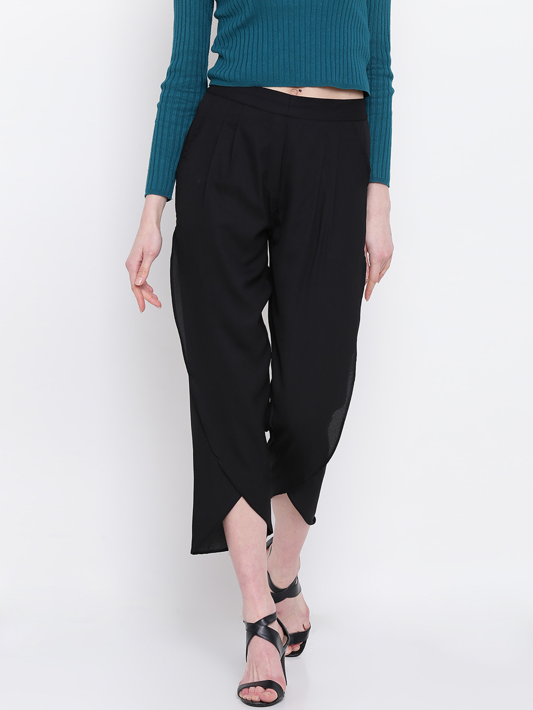AURELIA Women Black Solid Pleated Cropped Casual Trousers