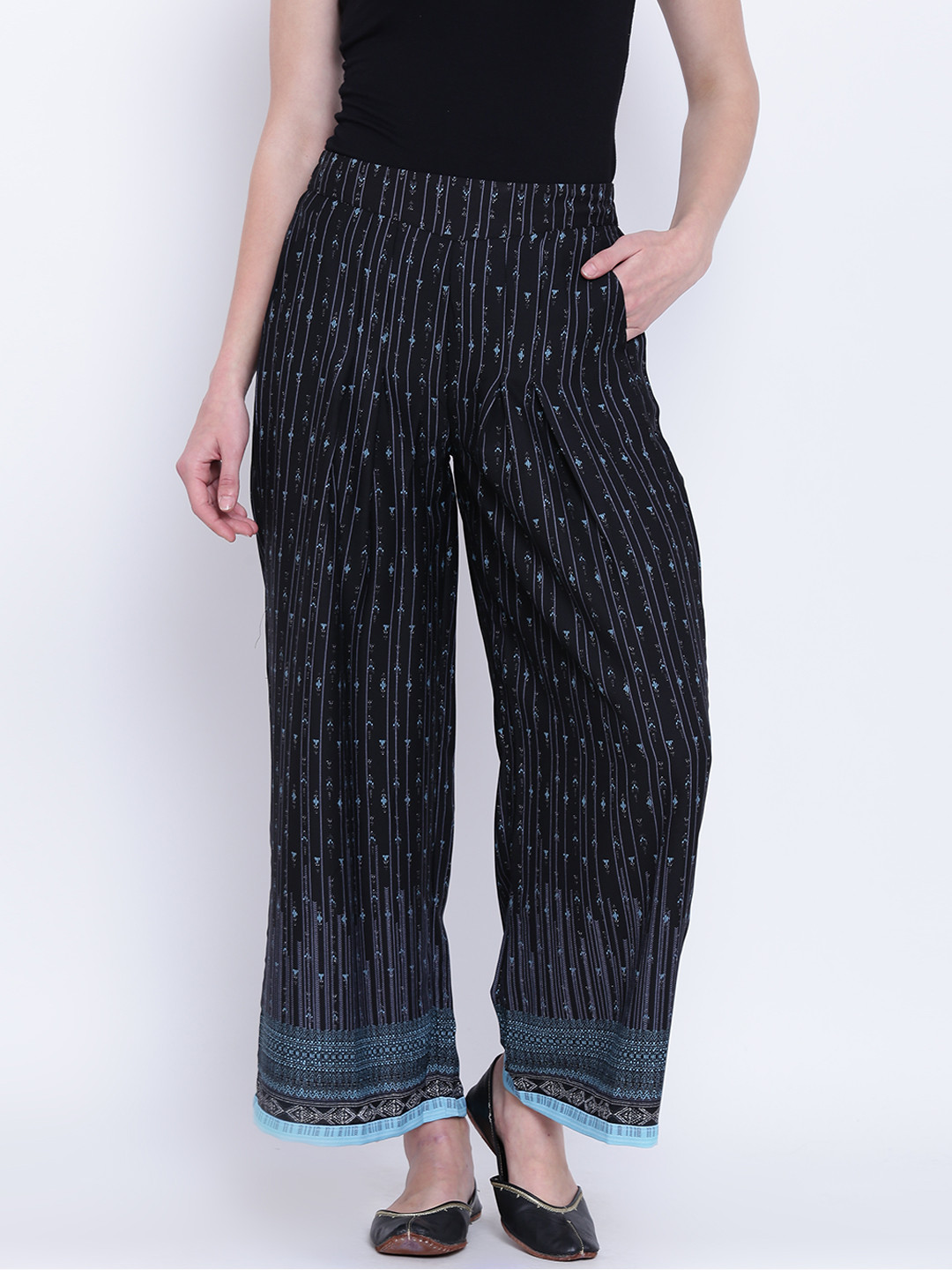 AURELIA Women Black & Blue Striped Wide Leg Palazzos