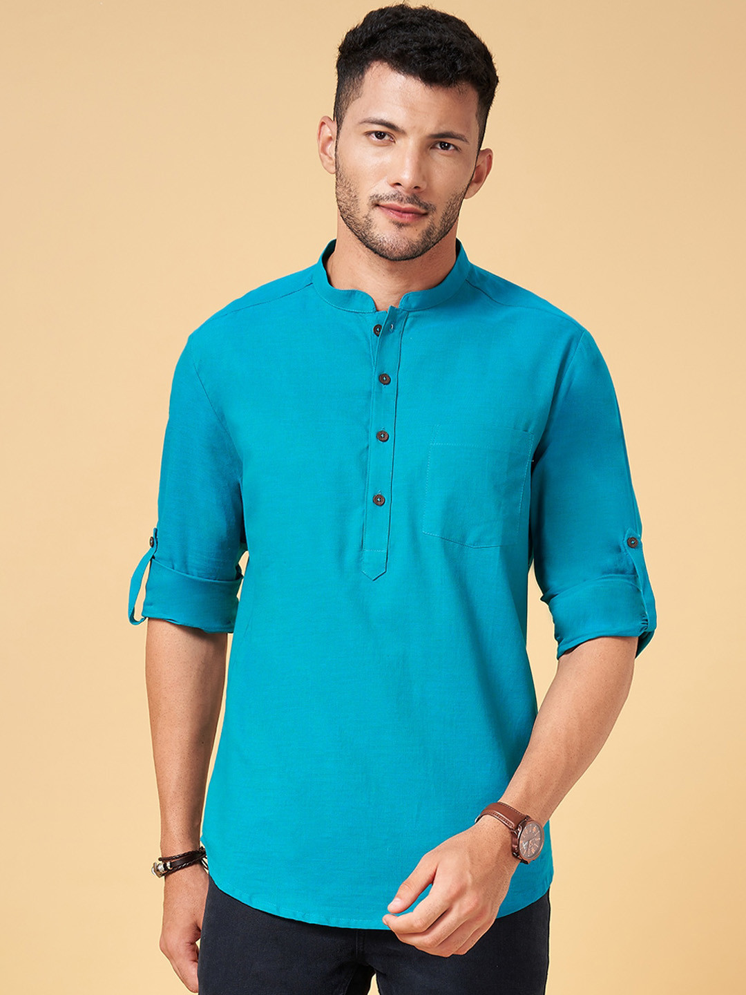 indus route by Pantaloons Mandarin Collar Roll-Up Sleeves Cotton Kurta