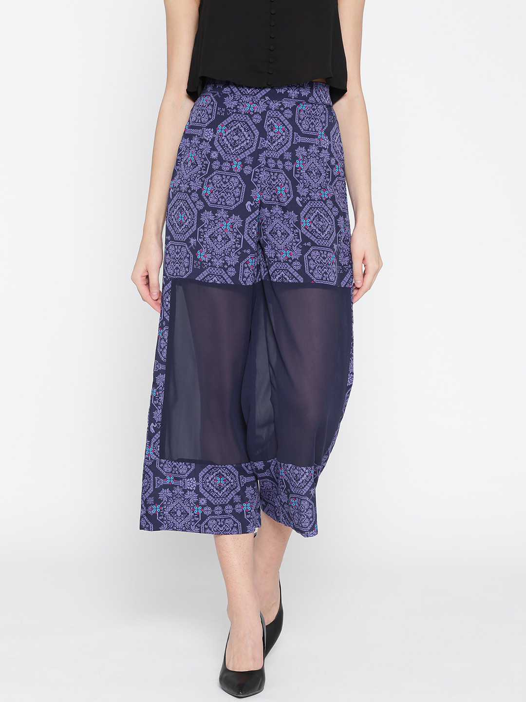 AURELIA Women Navy Blue Printed Semi Sheer Cropped Straight Palazzos