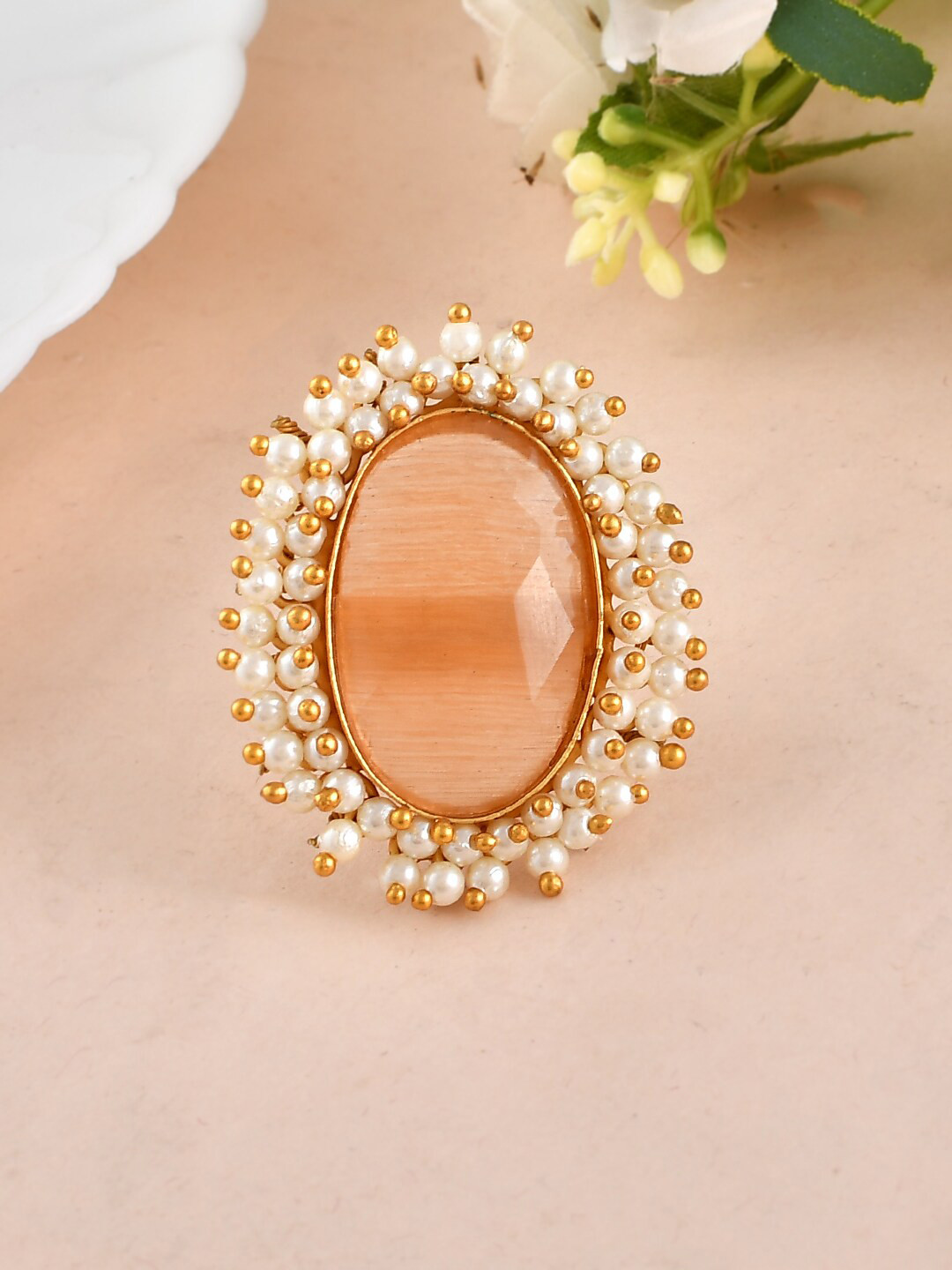 Silvermerc Designs Gold-Plated Pearl-Studded Finger Ring