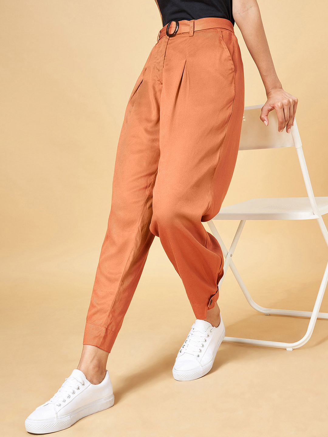 Honey by Pantaloons Women High-Rise Pleated Peg Trousers