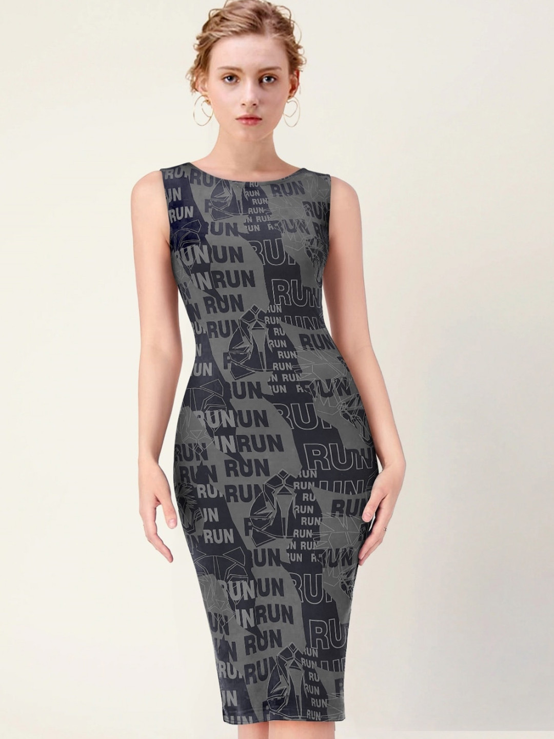 KERI PERRY Typography Printed Round Neck Sleeveless Bodycon Midi Dress