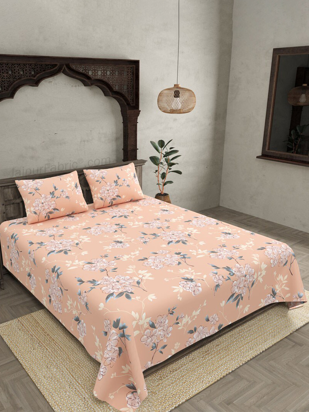 JAIPUR FABRIC Peach Floral Cotton 250 TC King Fine Bedsheet with 2 Pillow Covers-108 x 108 inches