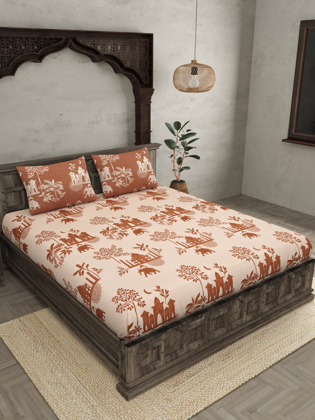 JAIPUR FABRIC Peach Ethnic Motifs Cotton 250 TC King Fine Bedsheet with 2 Pillow Covers-100 x 108 inches