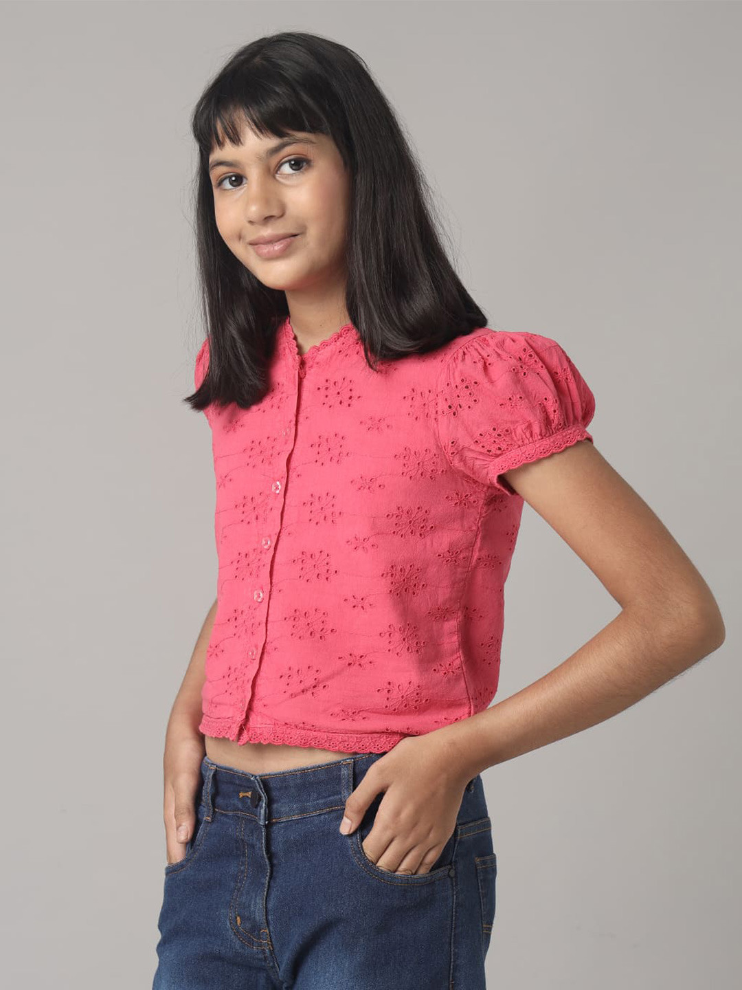 UNDER FOURTEEN ONLY Girls Self Design Mandarin Collar Puff Sleeve Cotton Shirt Style Top