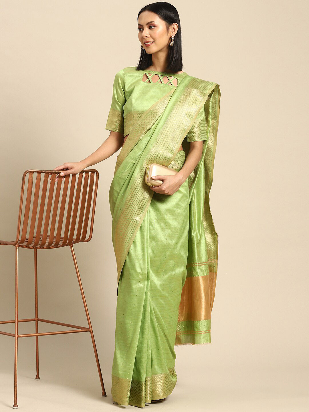 Mitera Green & Gold-Toned Sequin Embellished Silk Cotton Banarasi Saree