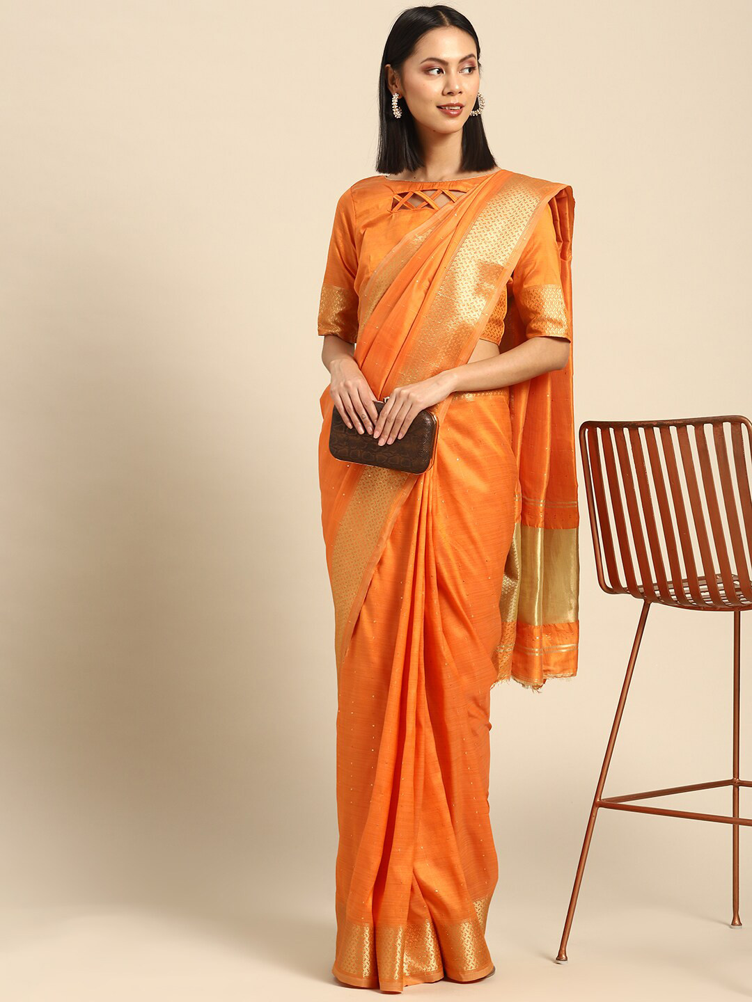 Mitera Orange & Gold-Toned Sequin Embellished Silk Cotton Banarasi Saree