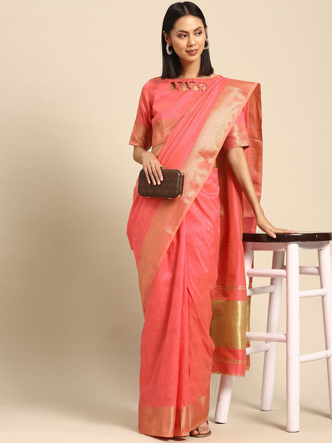 Mitera Pink & Gold-Toned Sequin Embellished Silk Cotton Banarasi Saree
