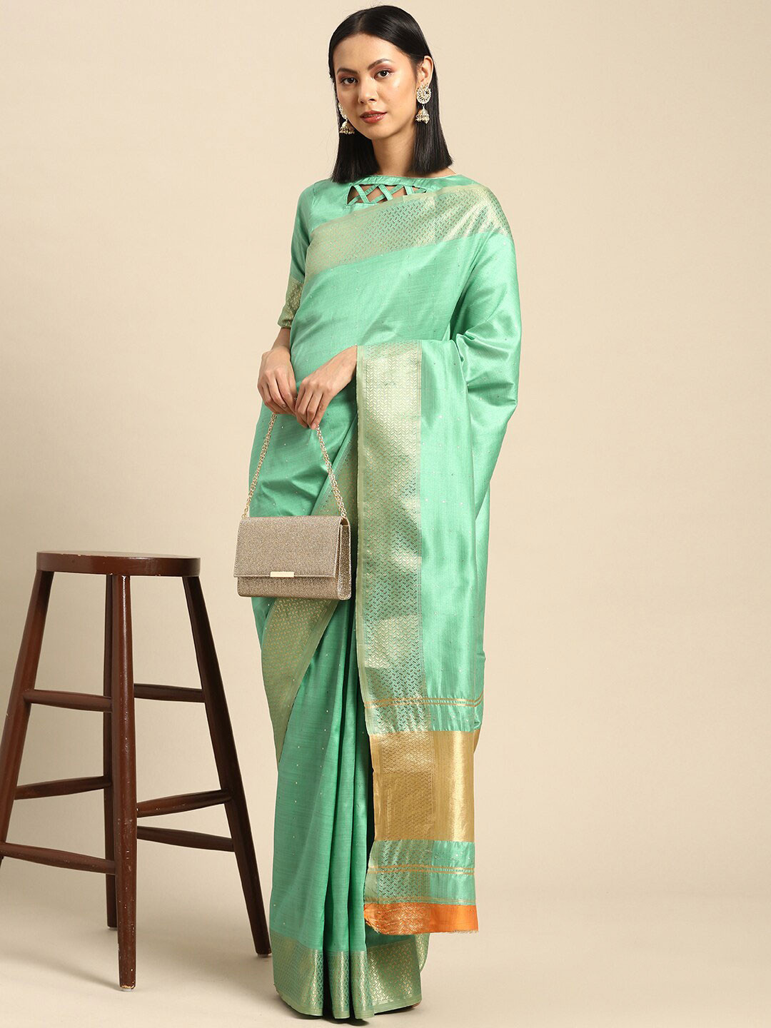 Mitera Turquoise Blue & Gold-Toned Sequin Embellished Silk Cotton Banarasi Saree