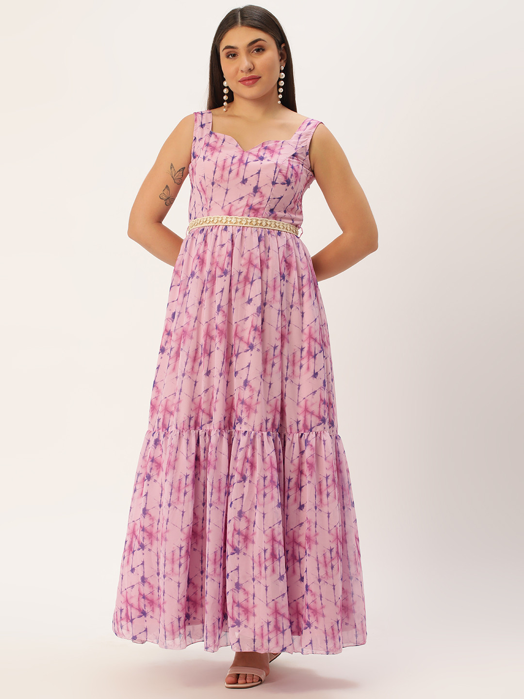 Ethnovog Pink Print Georgette A-Line Maxi Dress