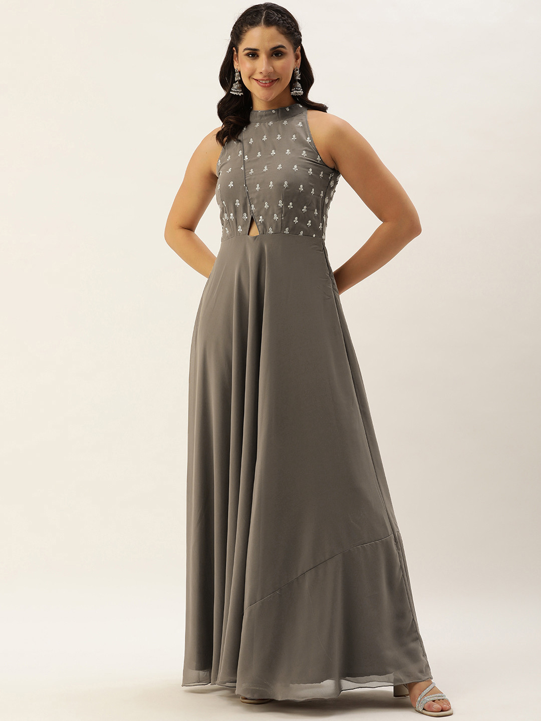 Ethnovog Floral Embroidered Halter Neck Georgette Maxi Gown Dress