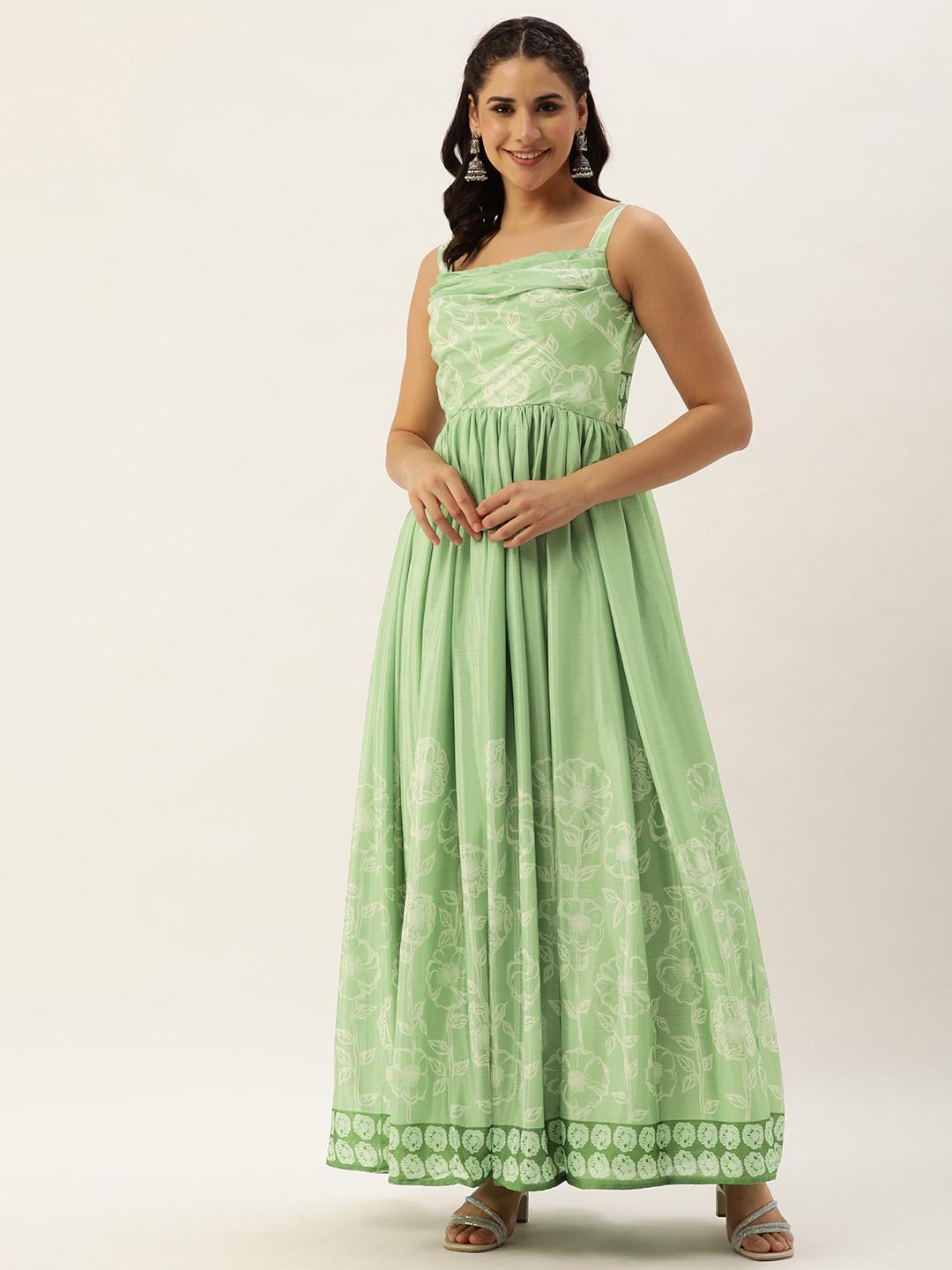 Ethnovog Floral Print Gathered Maxi Gown Dress