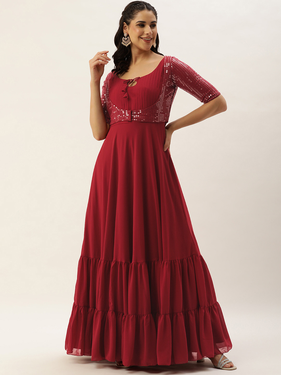 Ethnovog Tie-Up Neck Georgette Maxi Gown Dress with Jacket