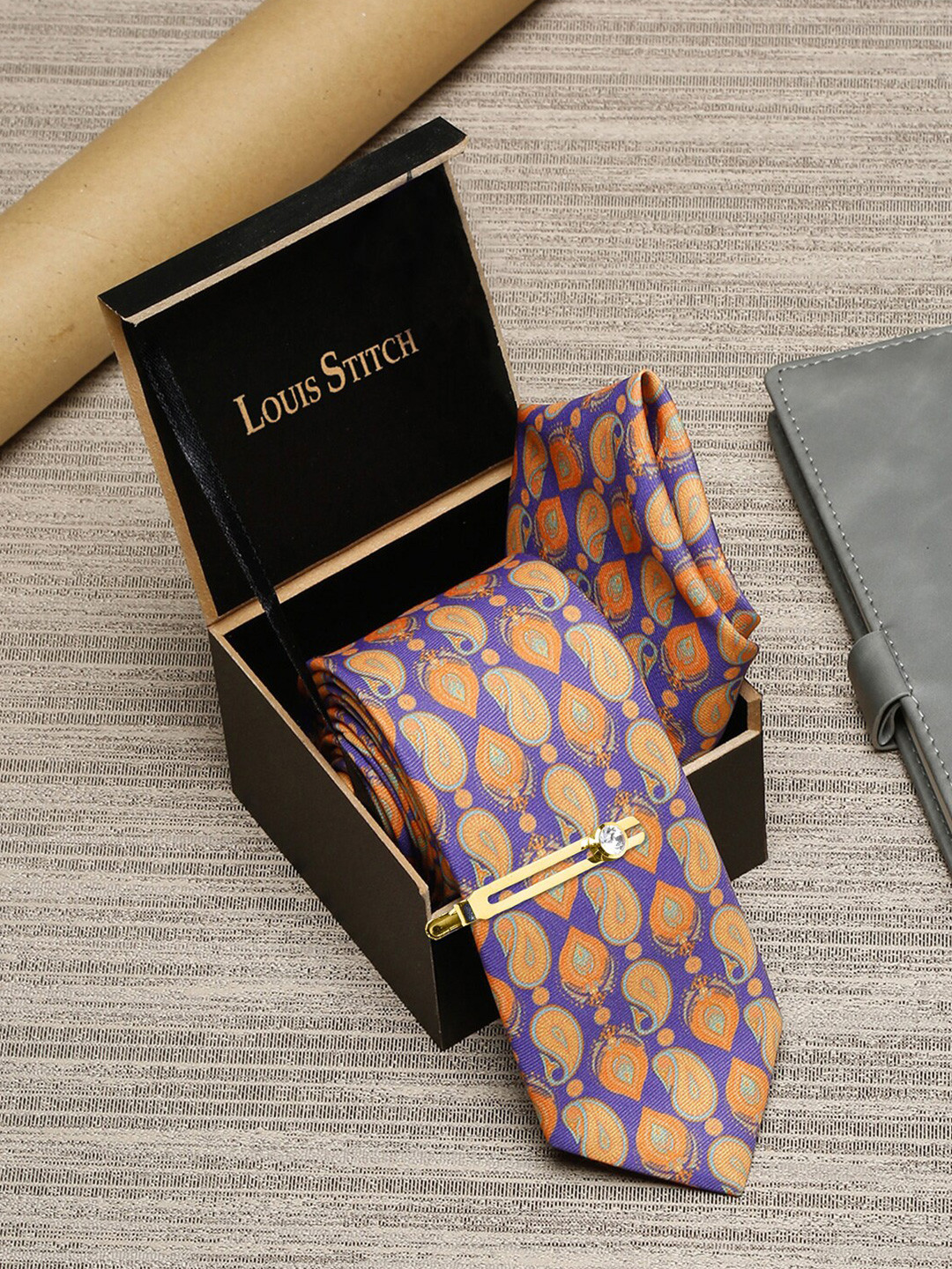 LOUIS STITCH Set Of 3 Italian Silk Necktie & Pocket Square with Golden Tie pin