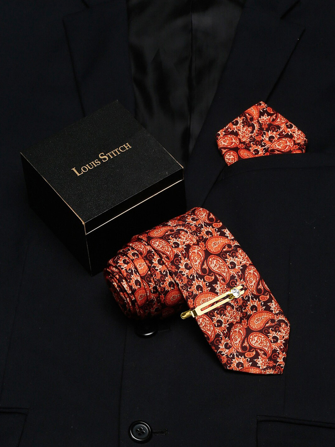 LOUIS STITCH Set Of 3 Italian Silk Necktie & Pocket Square with Golden Tie pin