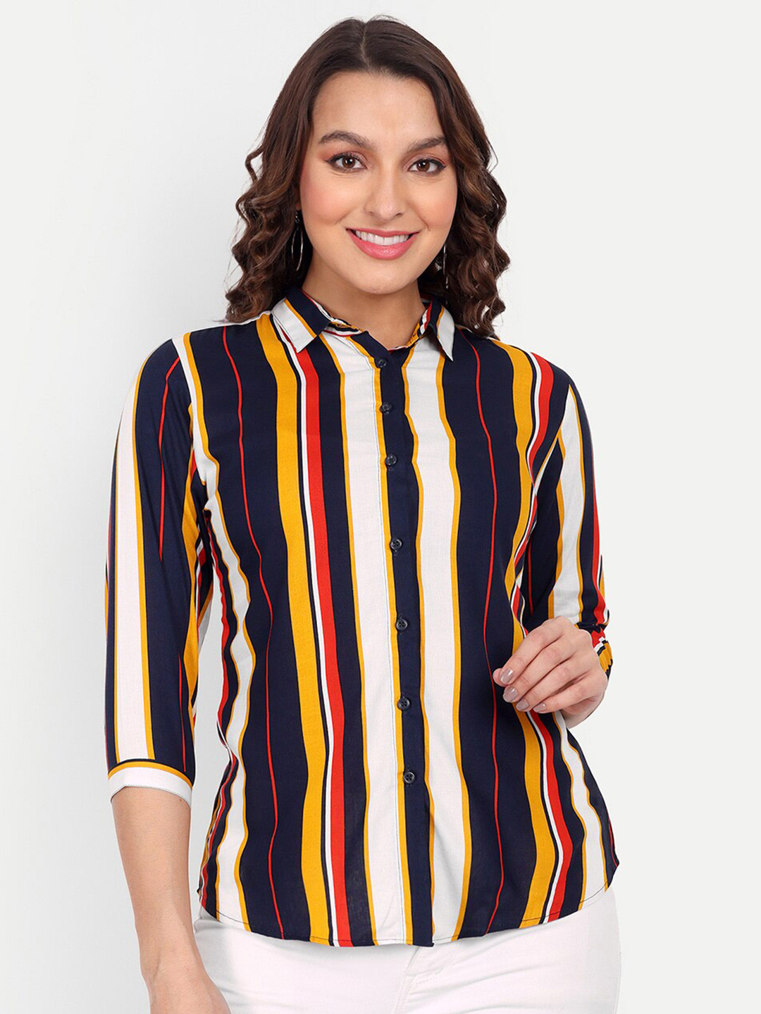 ASCIIBLUES Striped Three-Quarter Sleeves Casual Shirt