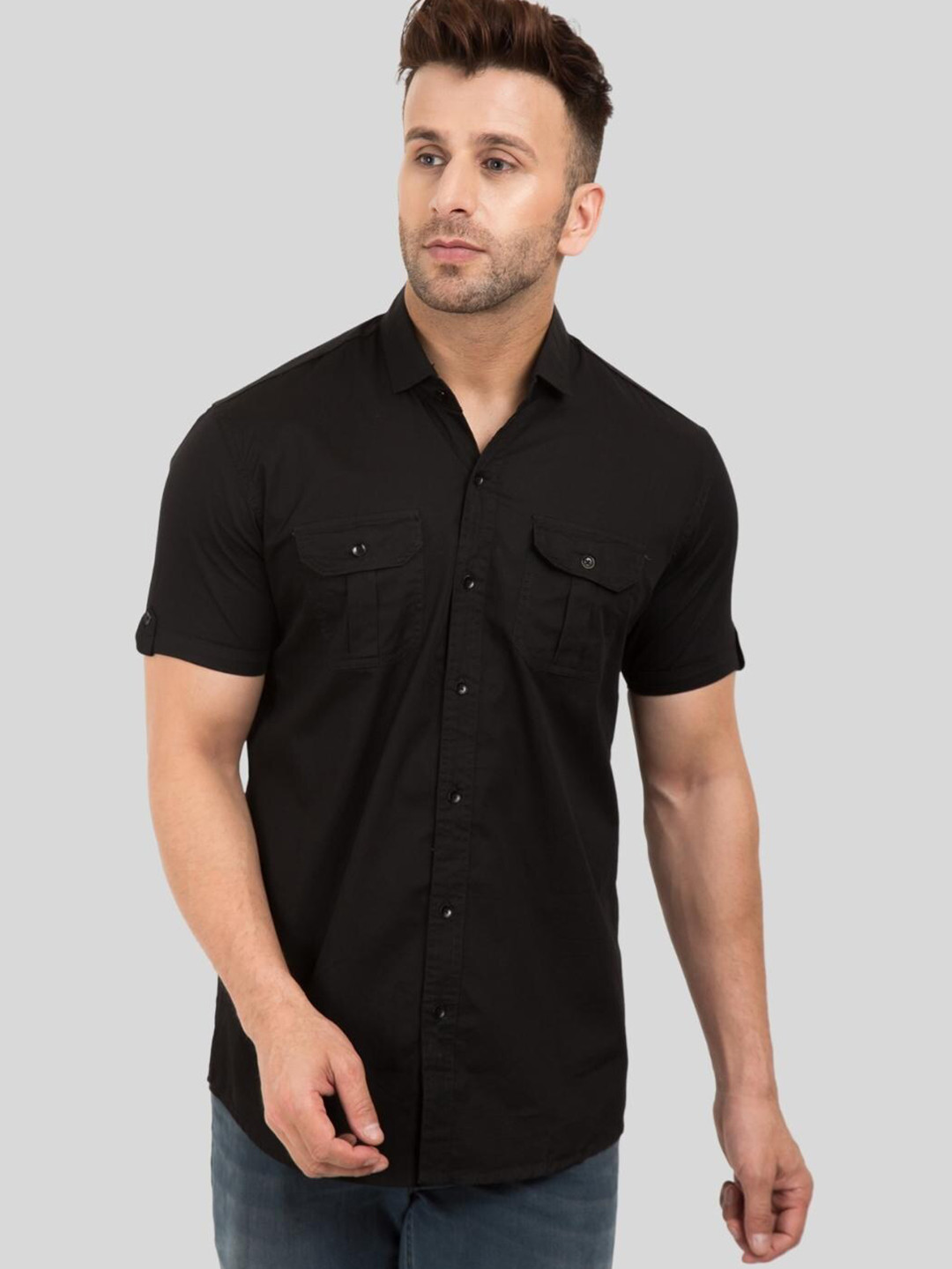 DEZANO Classic Flap Pocket Roll-Up Sleeves Casual Cotton Shirt