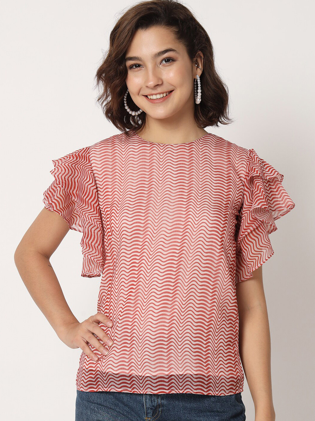 CHARMGAL Abstract Printed Flutter Sleeve Top