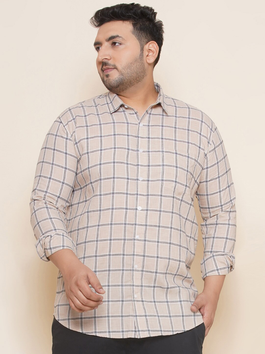John Pride Plus Size Windowpane Checks Checked Spread Collar Pure Cotton Casual Shirt