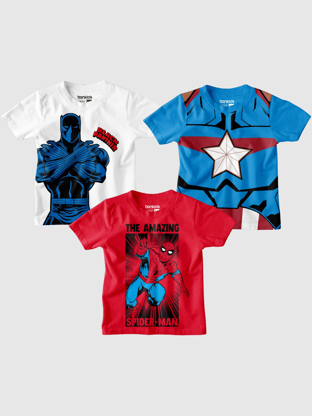 BONKIDS Boys Pack Of 3 Superhero Printed Cotton T-shirts
