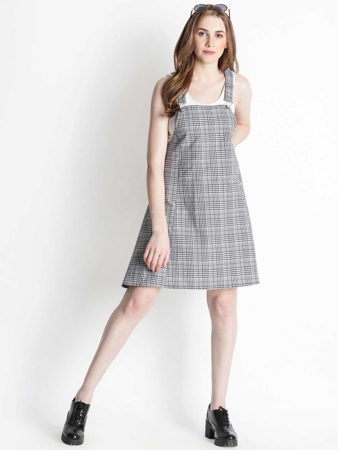 Buy Grey Linen Checkered Dungaree Dress For Women by B'Infinite
