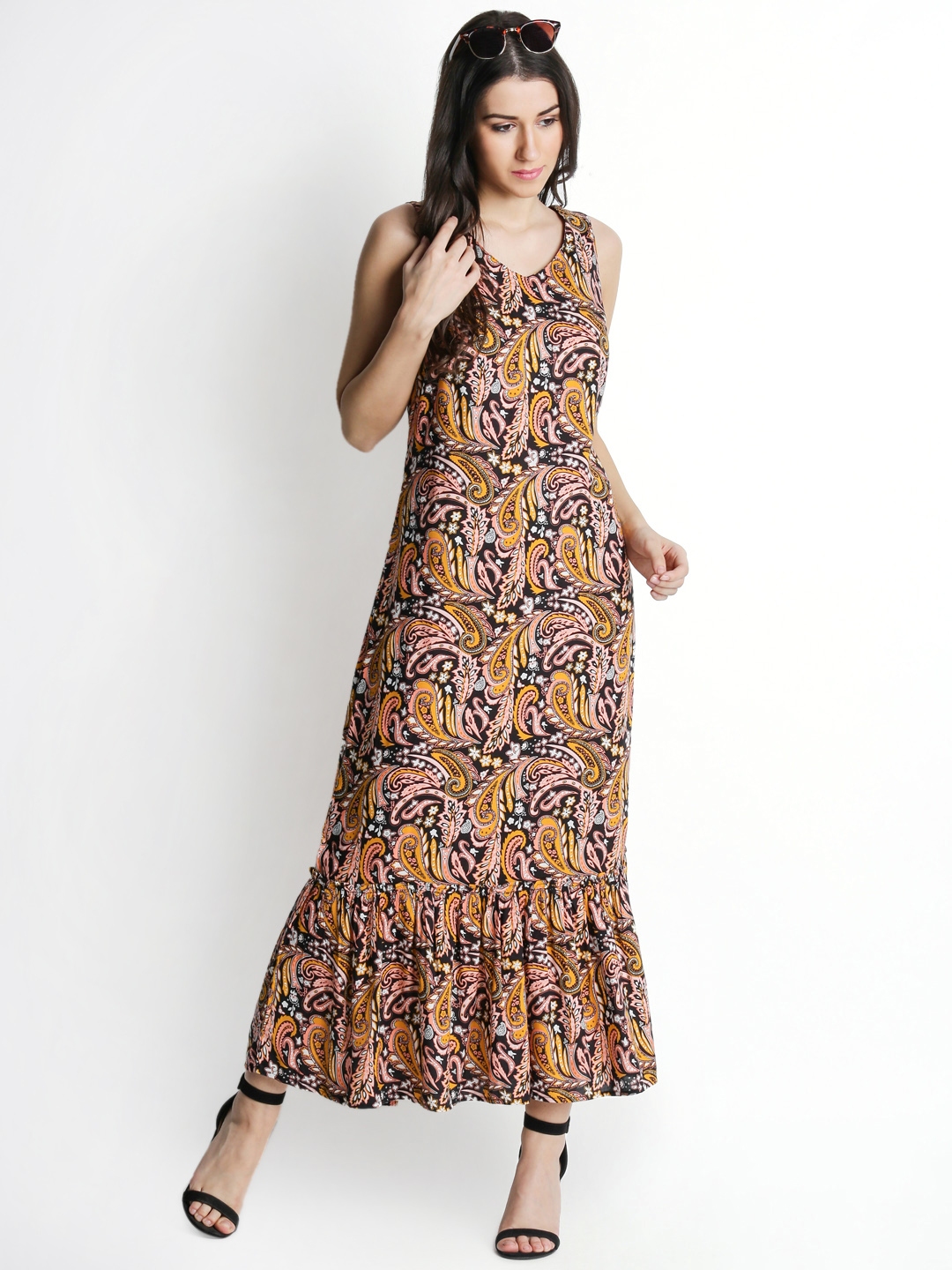 Annabelle by Pantaloons Women Peach Coloured Mustard Yellow Printed Maxi Dress