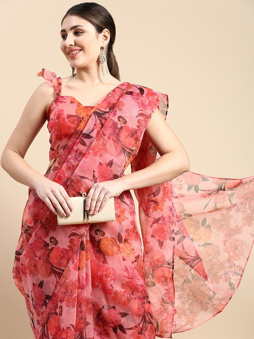 Ethnovog Floral Organza Saree With Stitched Blouse