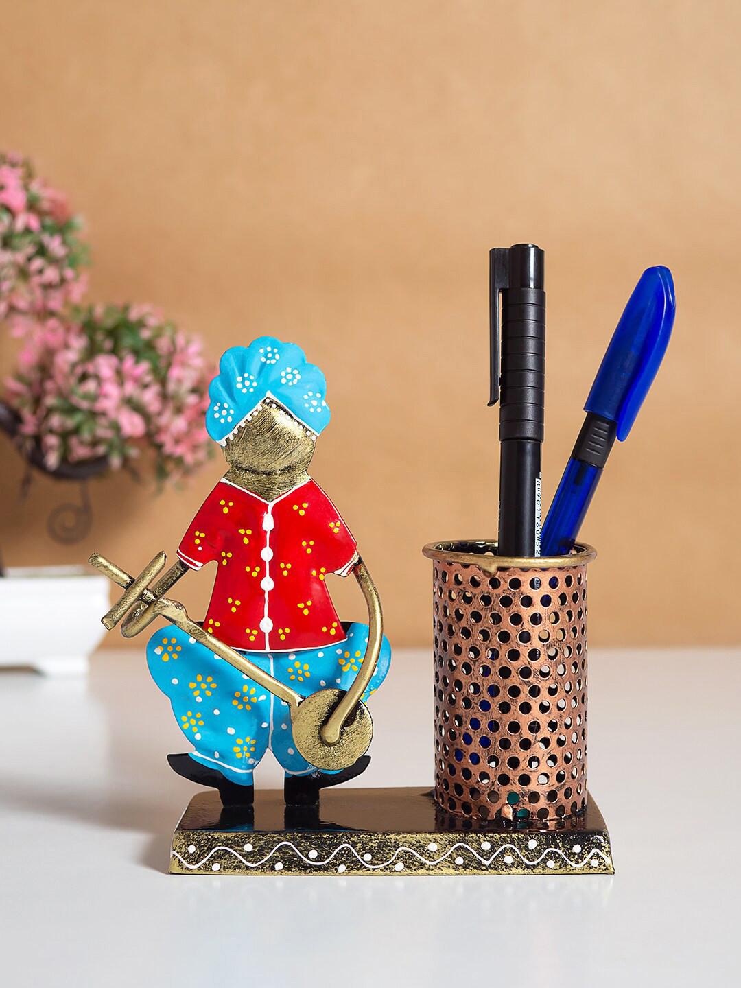 Golden Peacock Blue & Red Musician Pen Stand Showpieces