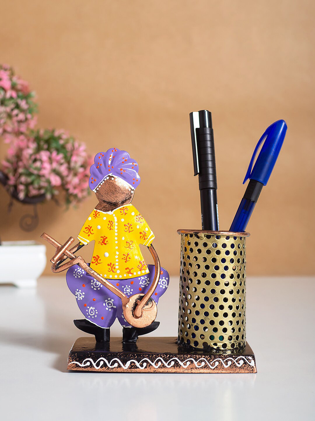 Golden Peacock Musician Pen Stand Yellow Metal Metallic Living Room Music Medium Showpiece - 5.3 Inches