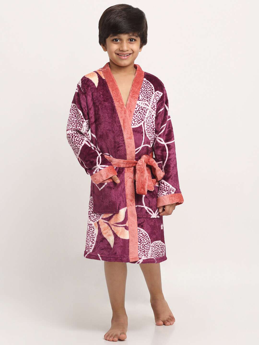 KLOTTHE Purple Floral Wool Drawstring Midi Bath Robe