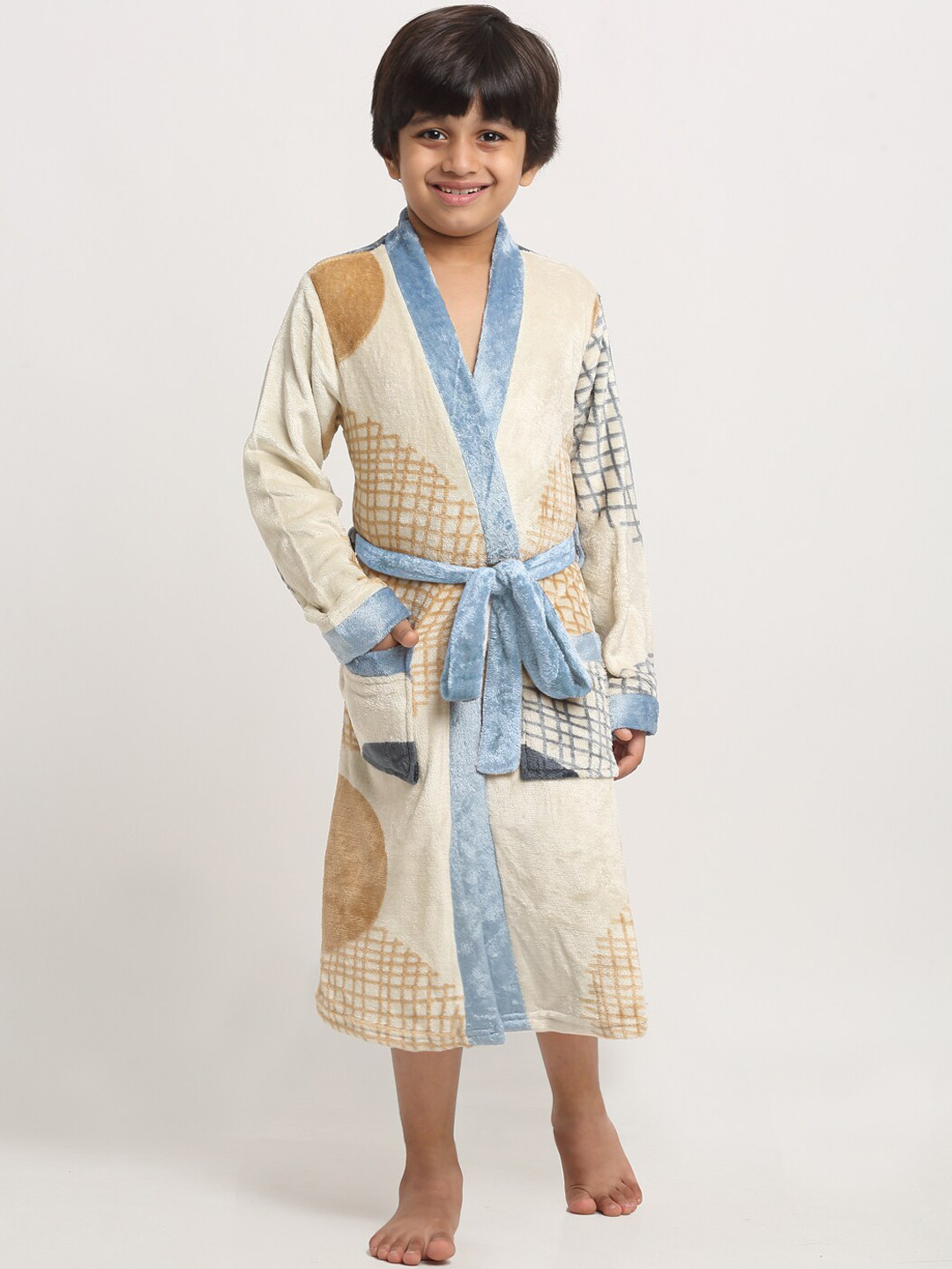 KLOTTHE Beige Checkered Wool Drawstring Midi Bath Robe