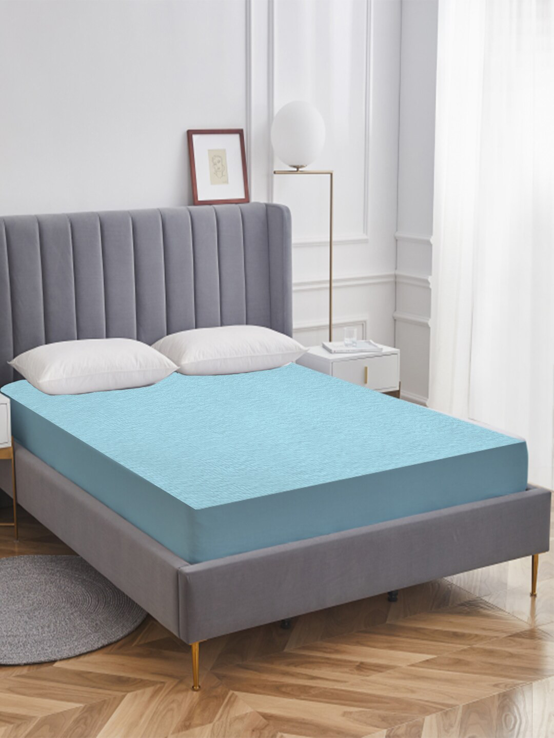 AVI Sky Blue Terry Cotton Waterproof Double Bed Mattress Protector