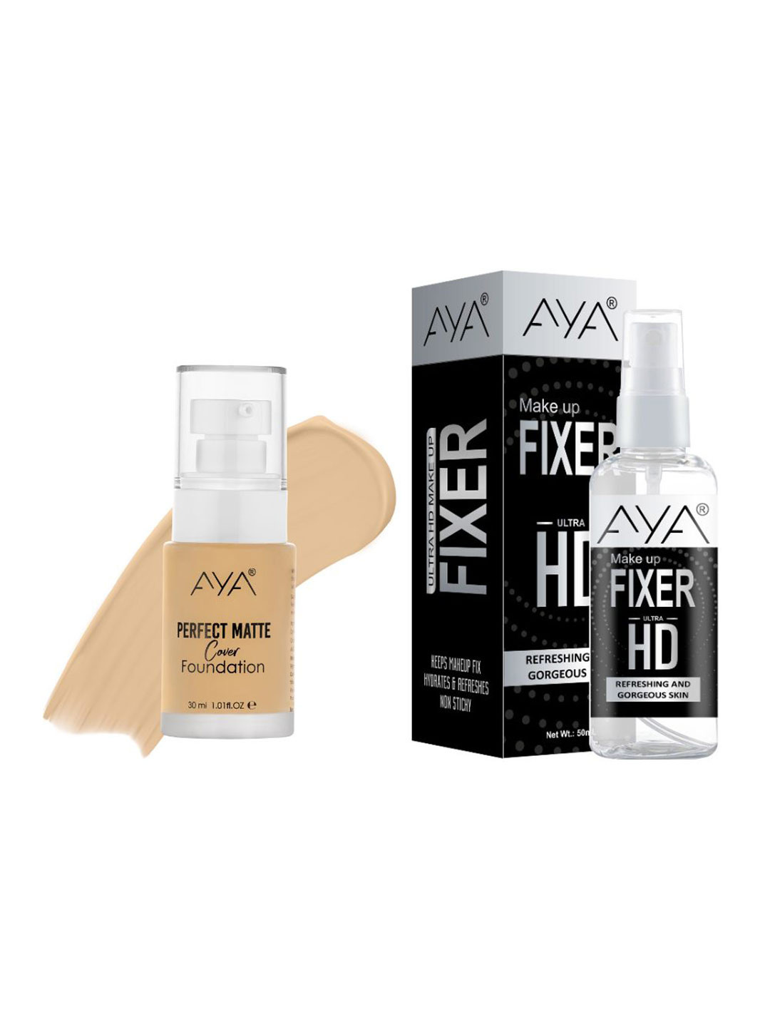 AYA Set Of 2 Perfect Matte Cover Foundation 02 Beige & HD Makeup Fixer 50 ml