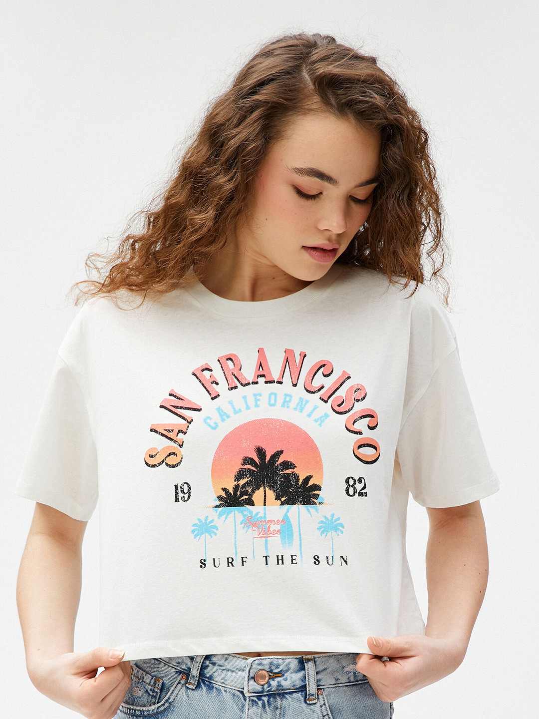 Koton Graphic Printed Drop-Shoulder Sleeves Cotton Boxy Crop T-shirt