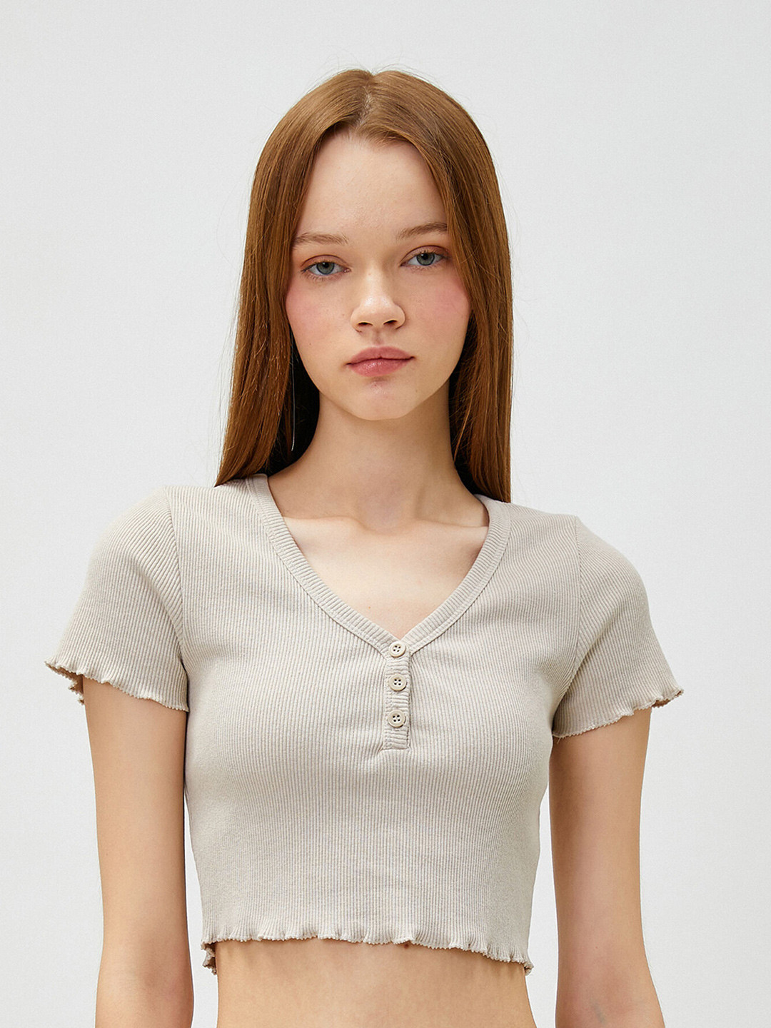 Koton Ribbed V-Neck Fitted Crop Top
