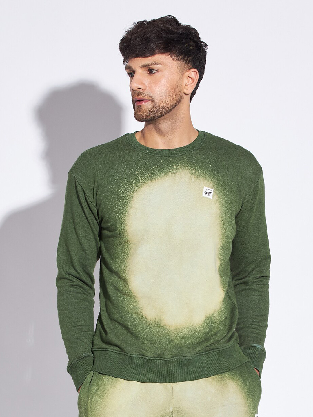 FUGAZEE Olive Green Abstract Printed Cotton Oversized Pullover Sweatshirt