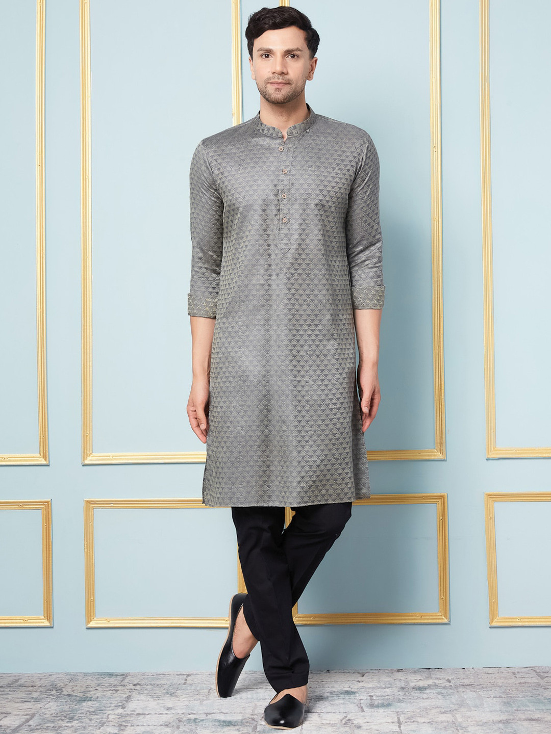 See Designs Men Woven Design Mandarin Collar Kurta