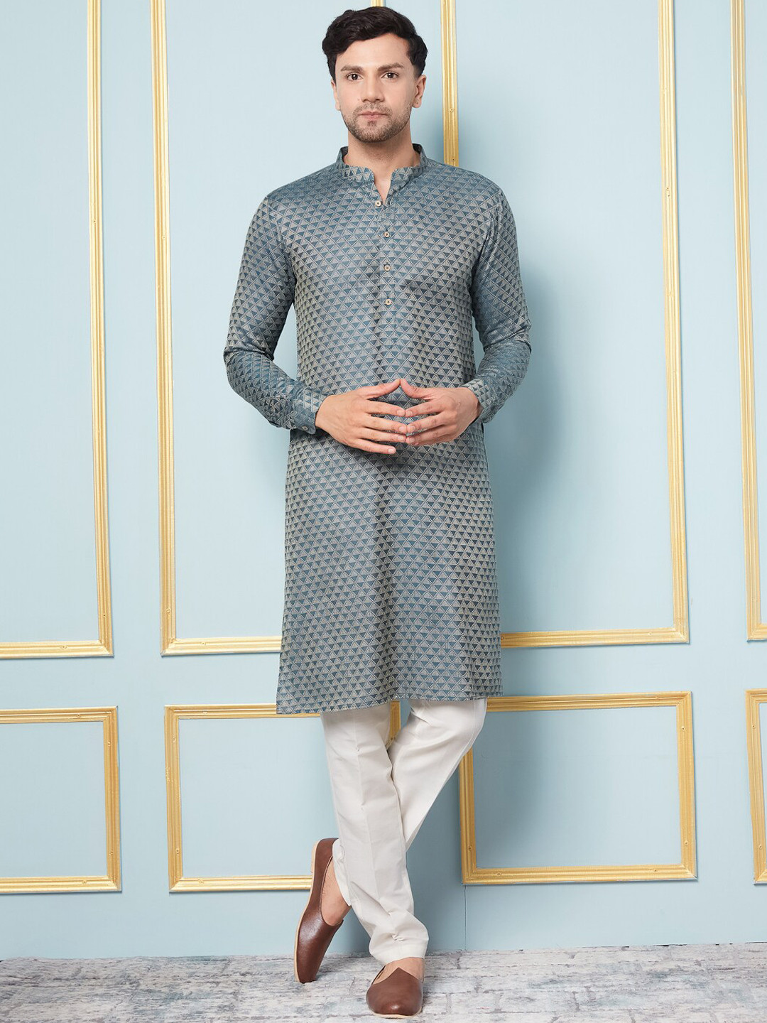 See Designs Geometric Woven Design Mandarin Collar Straight Kurta with Pyjamas