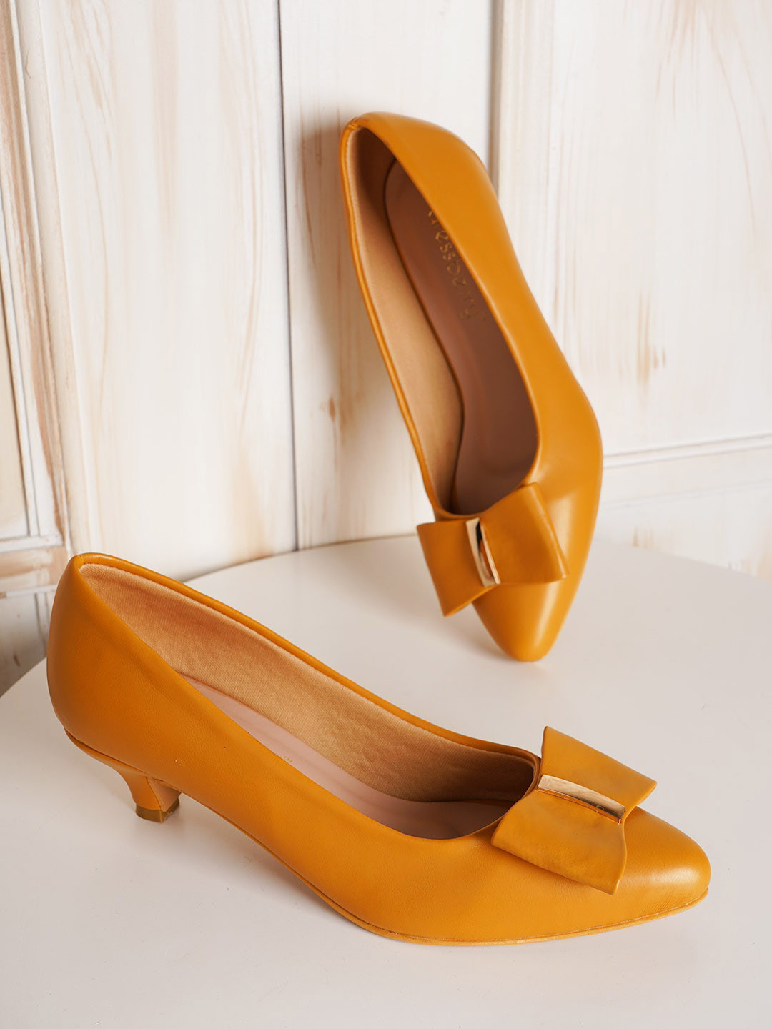 DressBerry Mustard Yellow Bow Detail Kitten Heel Pumps