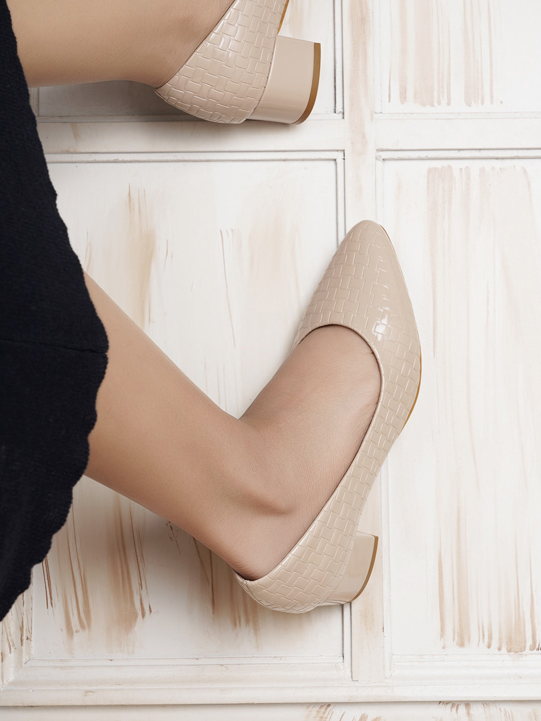DressBerry Beige Textured Pointed Toe Block Pumps