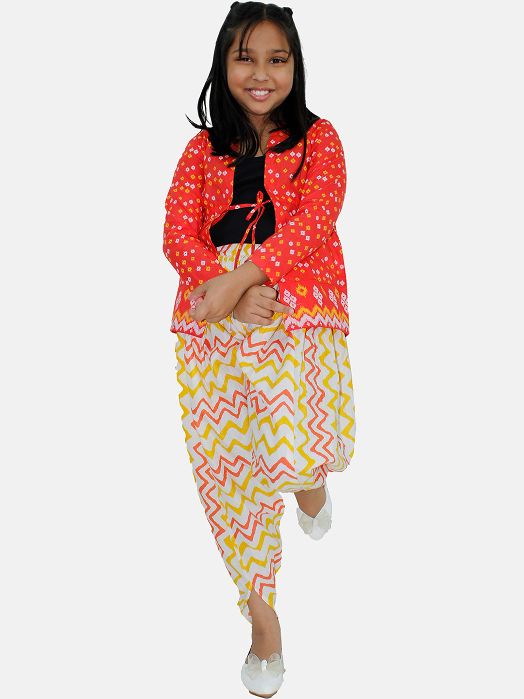 KiddoPanti Girls Red Bandhani Printed Regular Pure Cotton Top & Harem Pants With Jacket