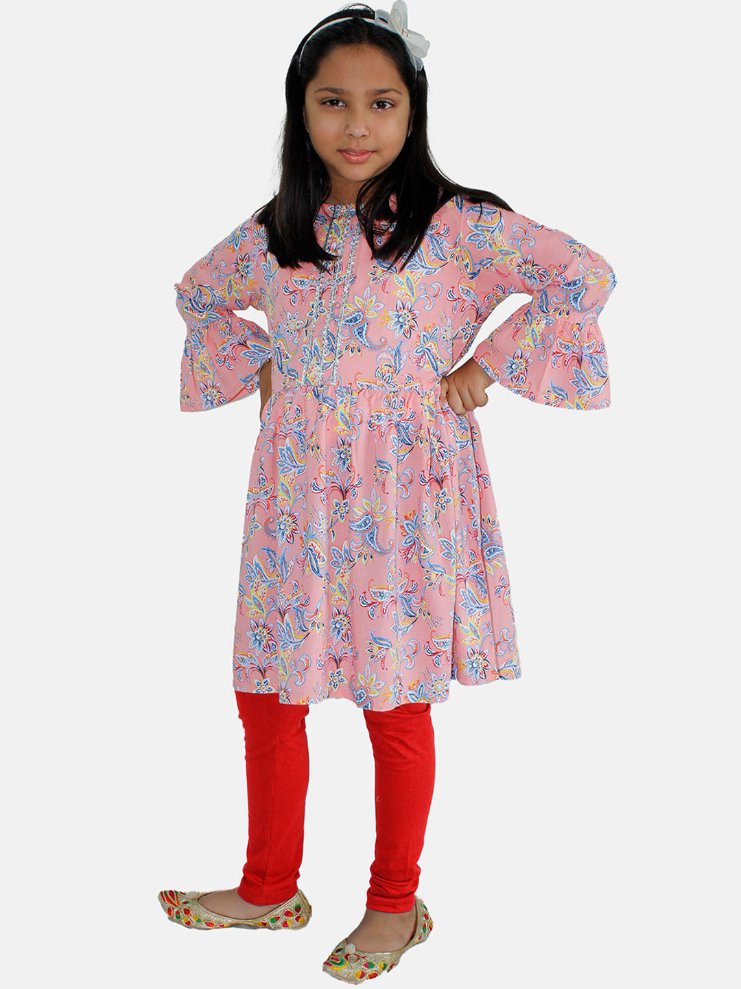 KiddoPanti Girls Round Neck Flared Sleeve Hem Floral Printed  Kurta & Legging