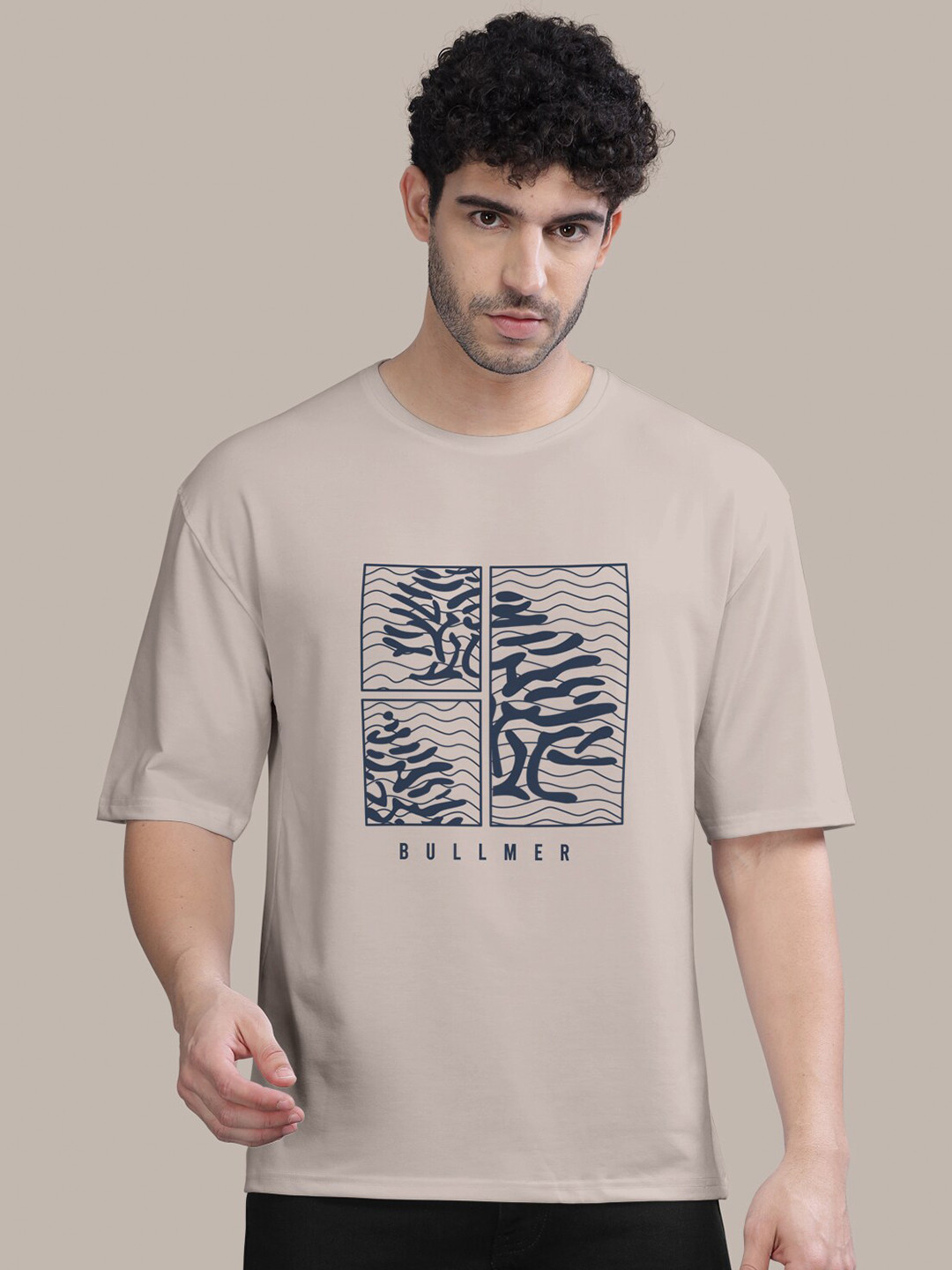 BULLMER Beige & Blue Graphic Printed Cotton T-shirt